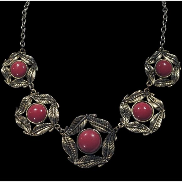 Floral Red And Gold Medallion Link Statement Necklace - Picture 4 of 5